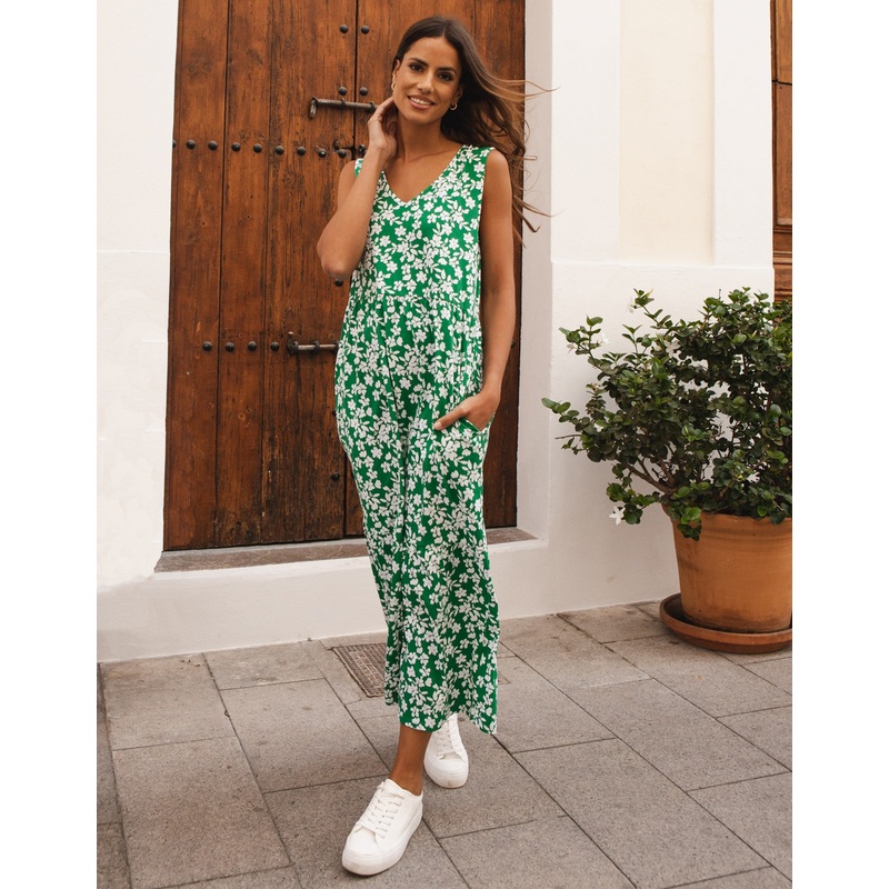 Green Floral Print Tiered Sleeveless Midi Dress with Pockets Green 8