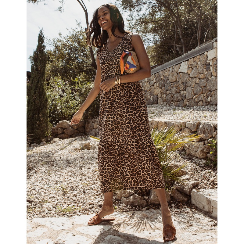 Leopard Print Tiered Sleeveless Midi Dress with Pockets Tan Brown 8