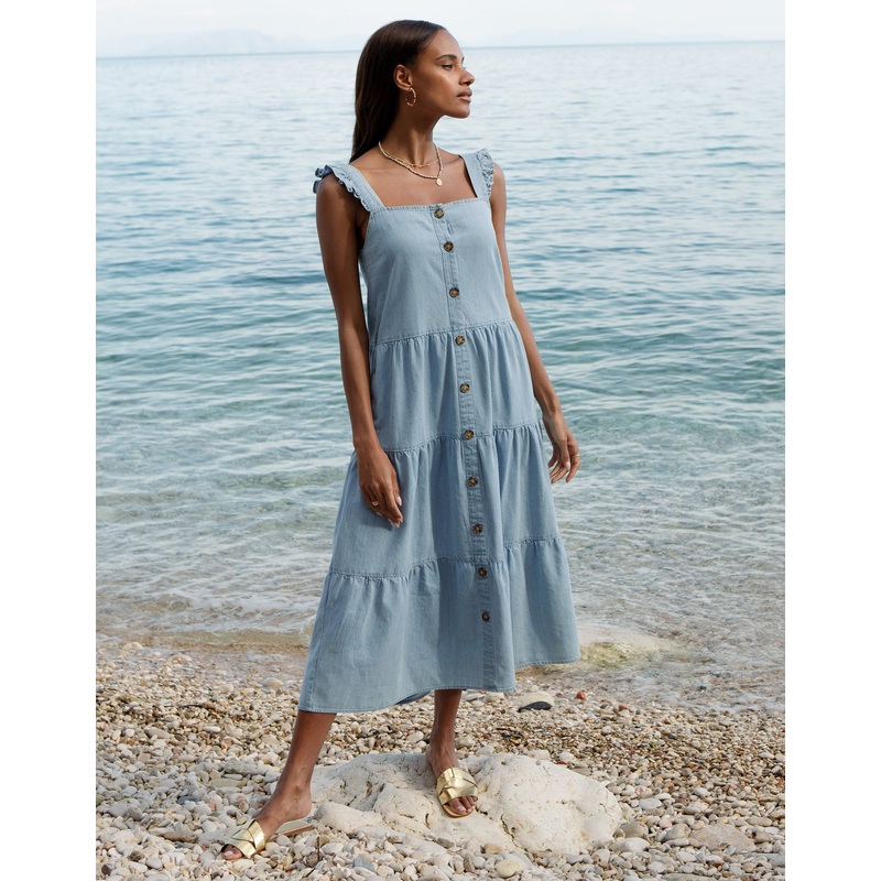 Light Blue Chambray Button Down Tiered Midi Dress with Flutter Strap Light Blue 8