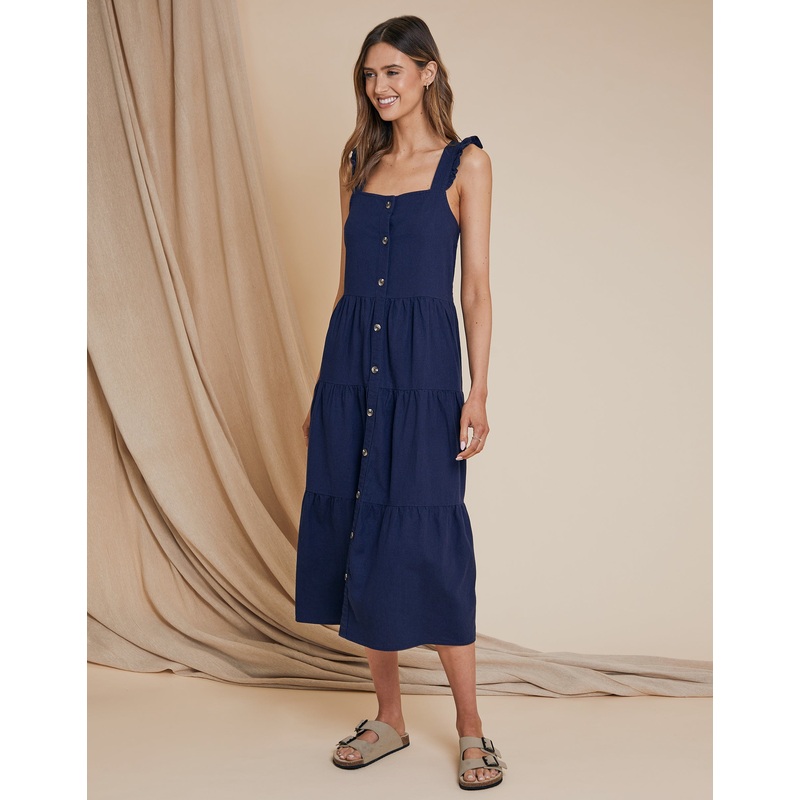 Navy Linen Blend Tiered Midi Dress with Flutter Strap Navy 8