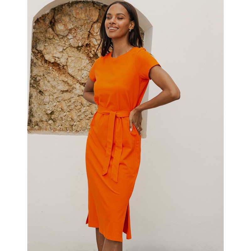 Orange Jersey Tie Belt Short Sleeve Midi Dress Orange 8
