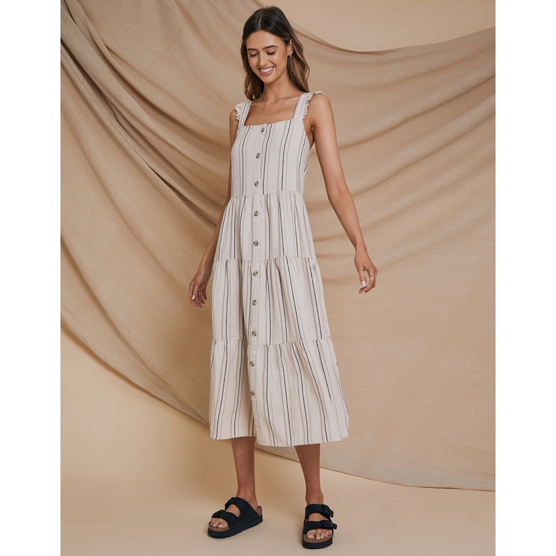Stone Stripe Linen Blend Tiered Midi Dress with Flutter Strap Stone 8