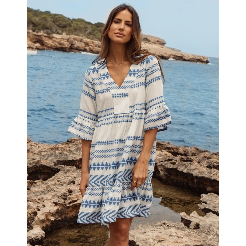 White & Blue Embroidered Aztec V Neck Tiered Smock Dress White & Blue 8