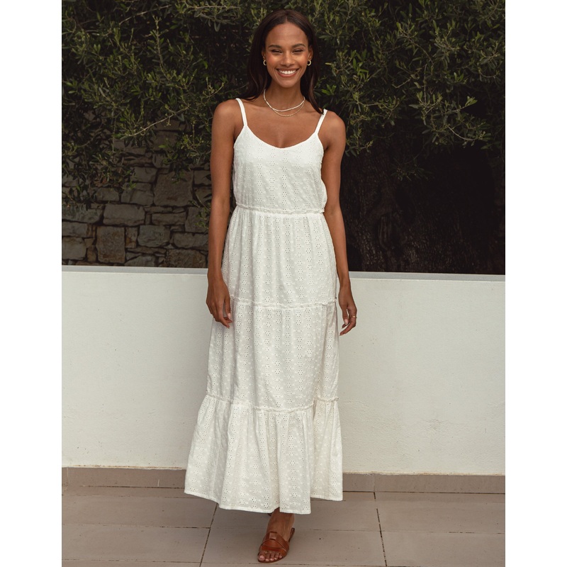 White Broderie Anglaise Cami Strap Tiered Maxi Dress White 8