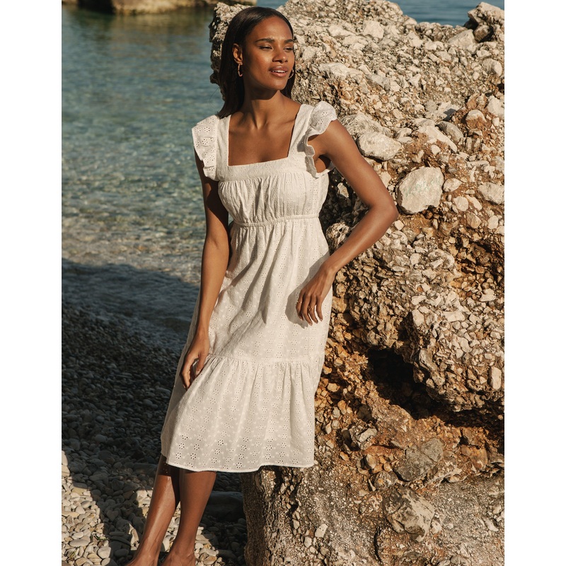 White Broderie Anglaise Frill Sleeve Tiered Midi Smock Dress White 8