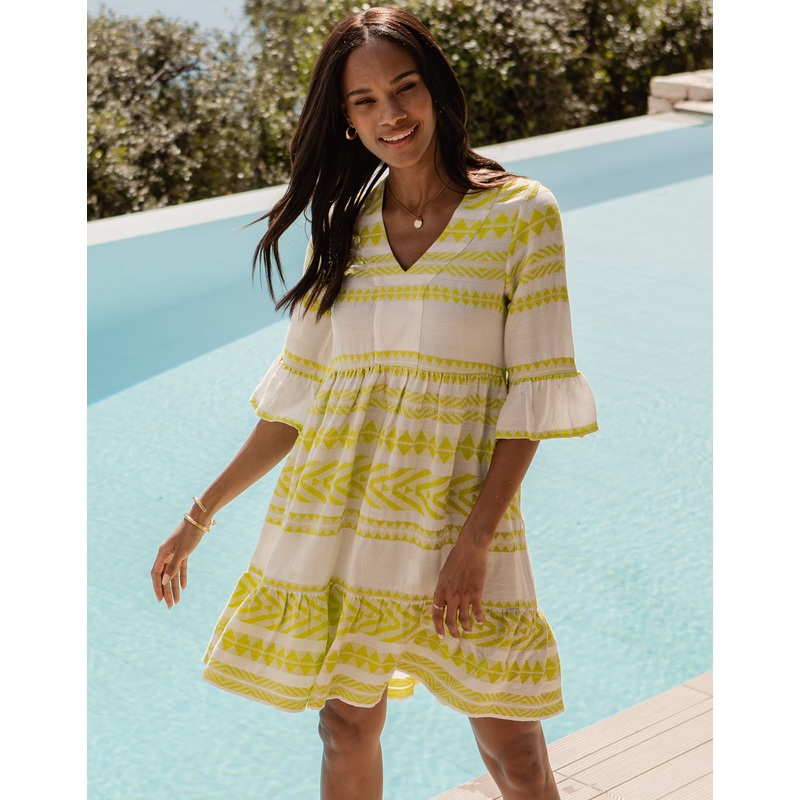 White & Lime Green Embroidered Aztec V Neck Tiered Smock Dress White & Lime 8