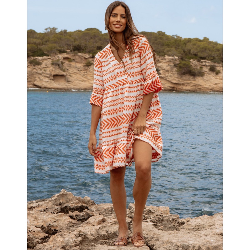 White & Orange Embroidered Aztec V Neck Tiered Smock Dress White & Orange 8