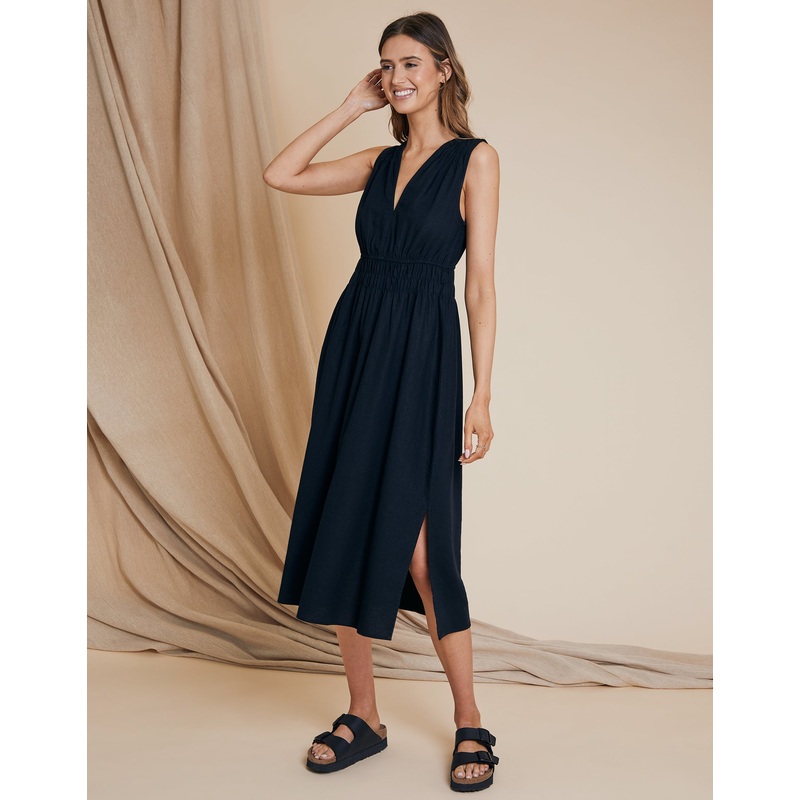 Black Linen Blend Ruched Midi Dress Black 8