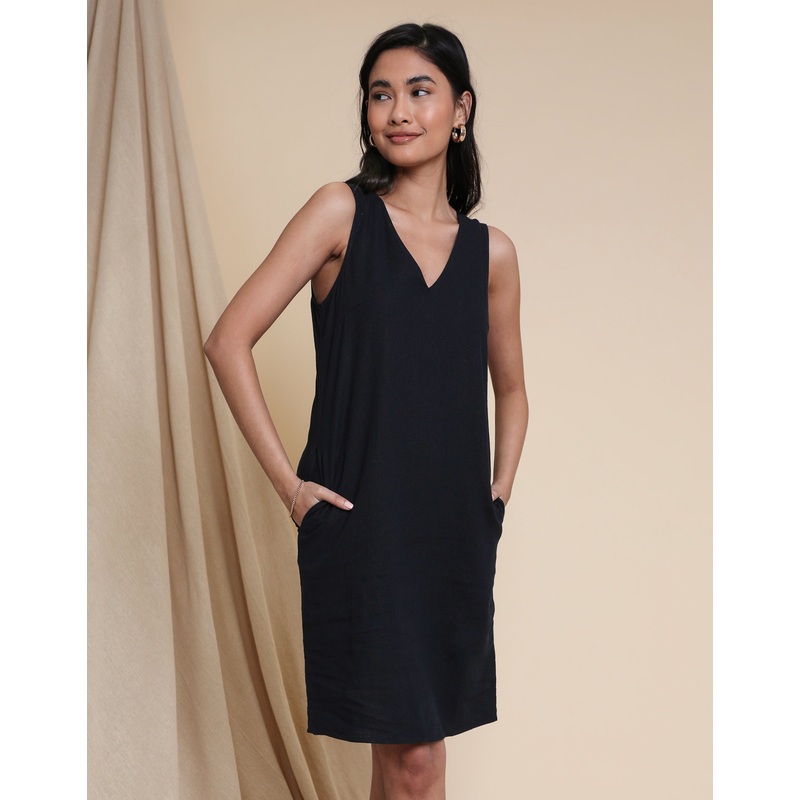 Black Linen Blend Sleeveless Shift Dress Black 8
