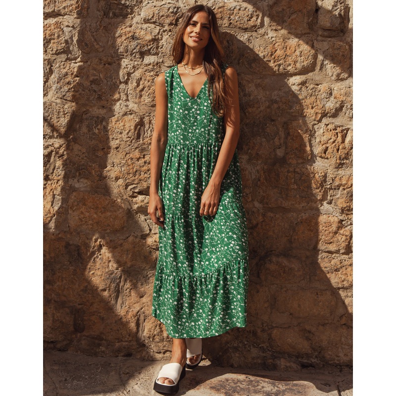 Green Ditsy Floral Print Tiered V-Neck Midi Dress Green 8
