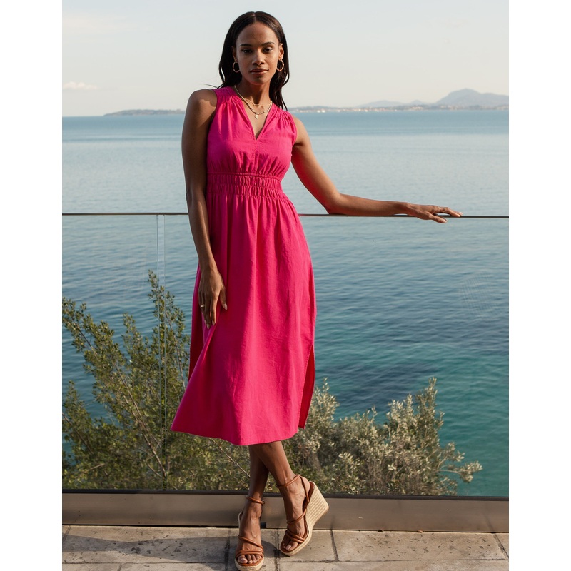 Hot Pink Linen Blend Ruched Midi Dress Hot Pink 8