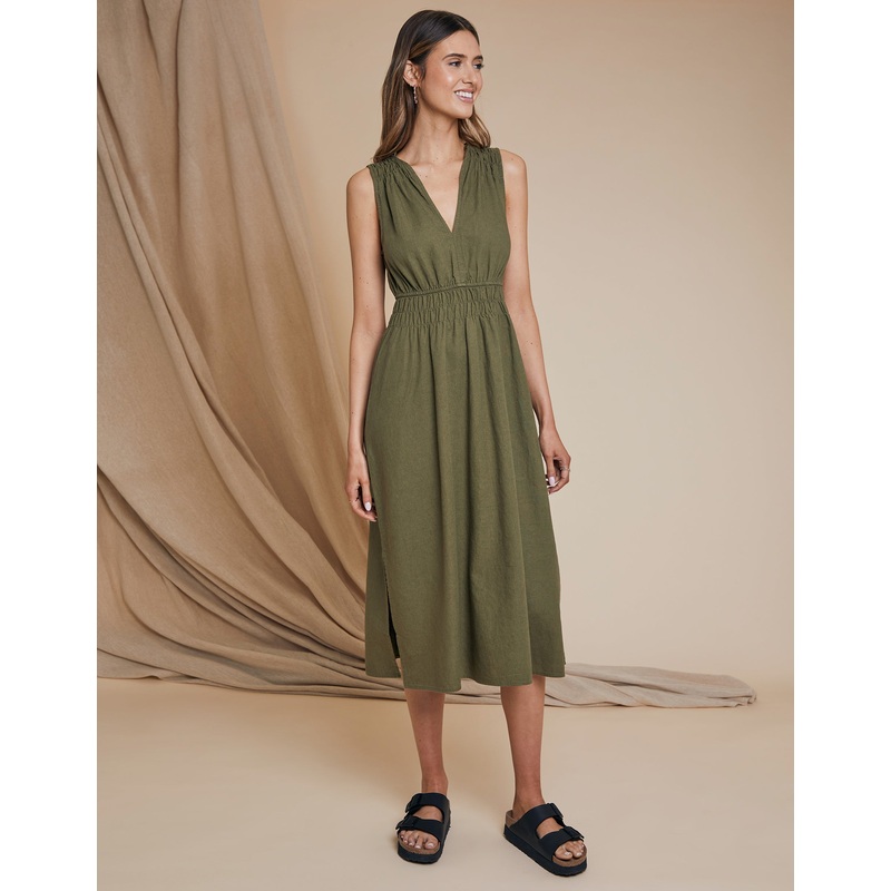 Khaki Green Linen Blend Ruched Midi Dress Khaki Green 8