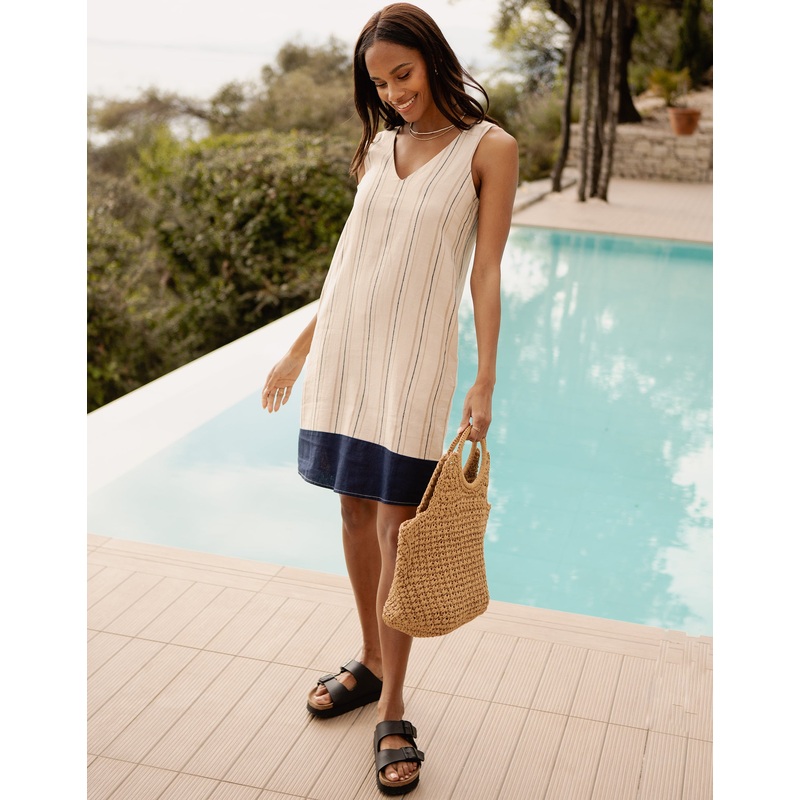 Stone Stripe Linen Blend Sleeveless Shift Dress with Contrast Navy Hem Stone 8