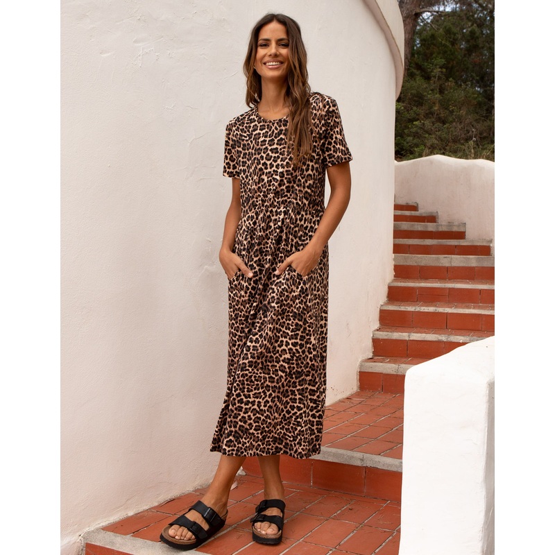 Tan Brown Leopard Print Jersey Midi Smock Dress with Pockets Tan Brown 8
