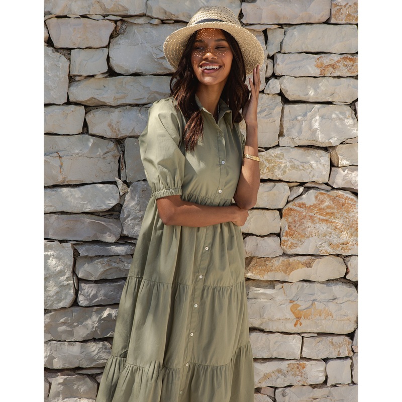 Khaki Green Button Down Collared Tiered Maxi Shirt Dress Khaki Green 8