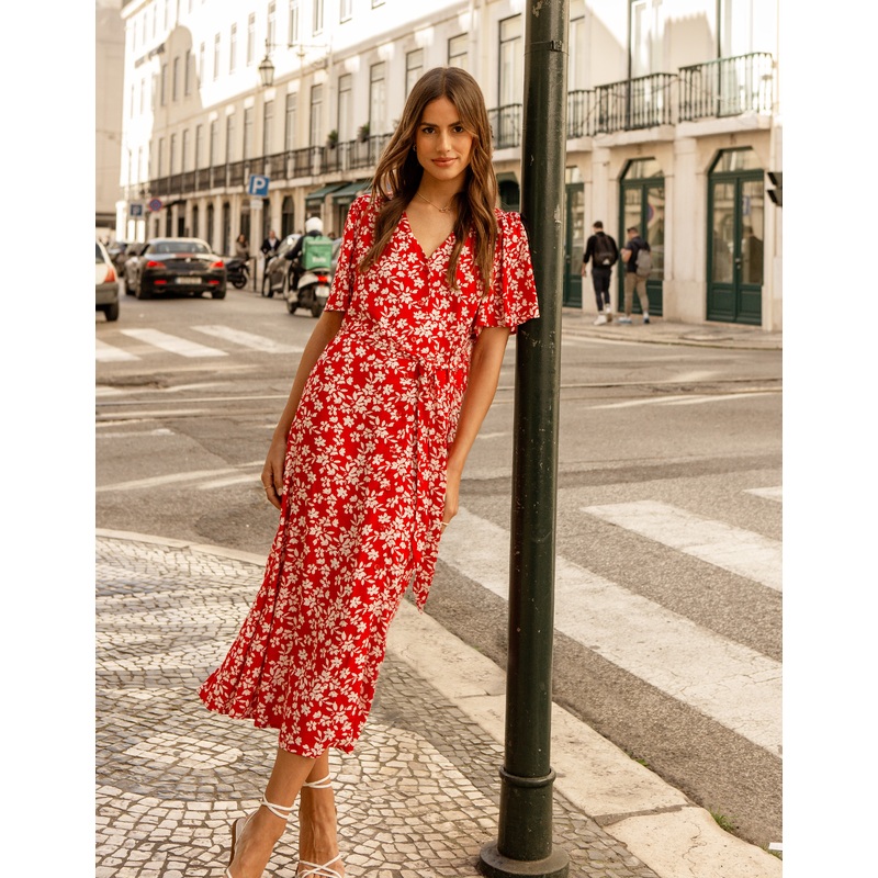 Red Floral Print Flutter Sleeve Midi Dress Red 8