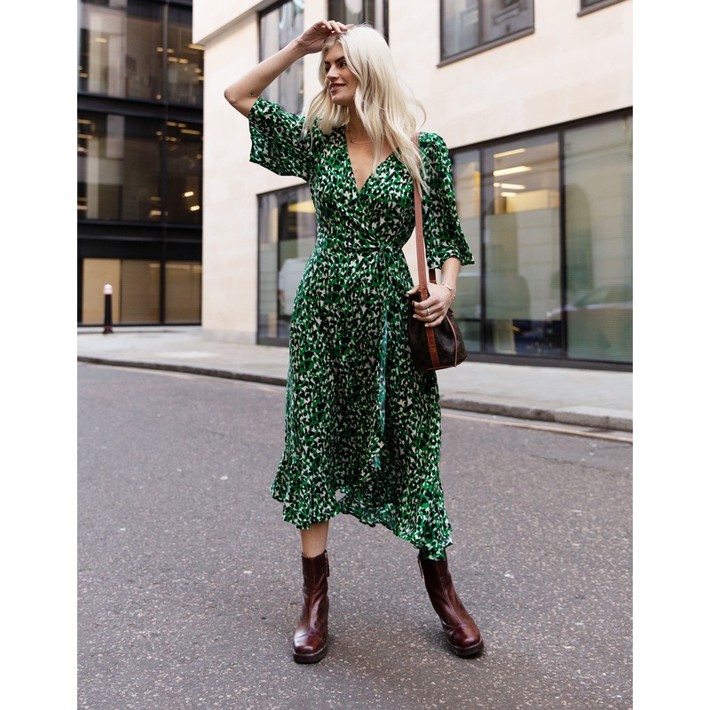 Green Leopard Print Midi Wrap Dress Green 8