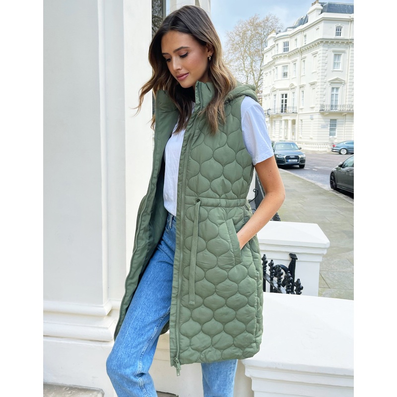 Khaki Green Longline Quilted Gilet Khaki Green 8