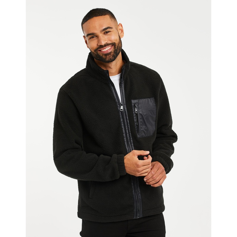 Black Zip Through Faux Borg Fleece Black S
