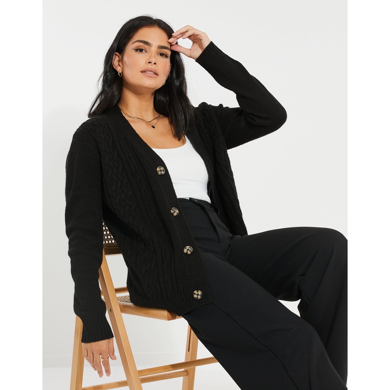 Black Cable Knit Button Up Cardigan Black 8