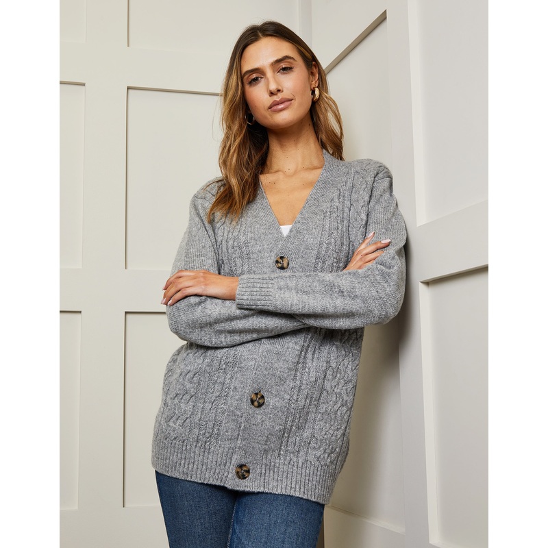 Grey Cable Knit Button Up Cardigan Grey 8