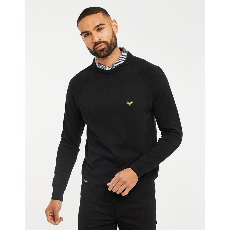 Black Crew Neck Mock Shirt Knitted Jumper Black S