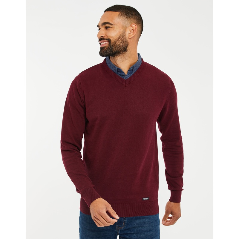 Burgundy V-Neck Mock Shirt Jumper Burgundy S