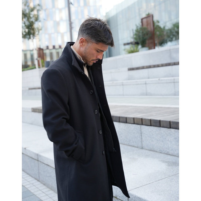 Threadbare Luxe Men’s Black Funnel Neck Mock Layer Coat Black S