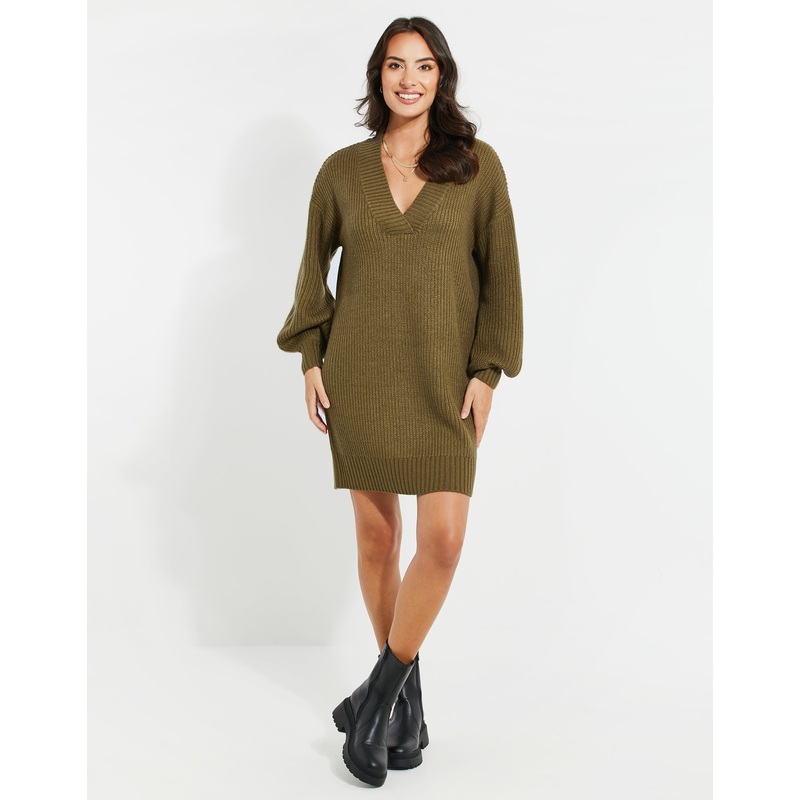 Khaki Green V-Neck Knitted Jumper Dress Khaki Green 8