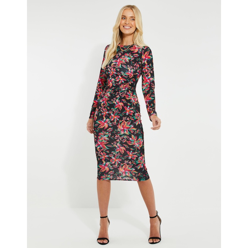 Black Floral Ruched Midi Dress Black 8